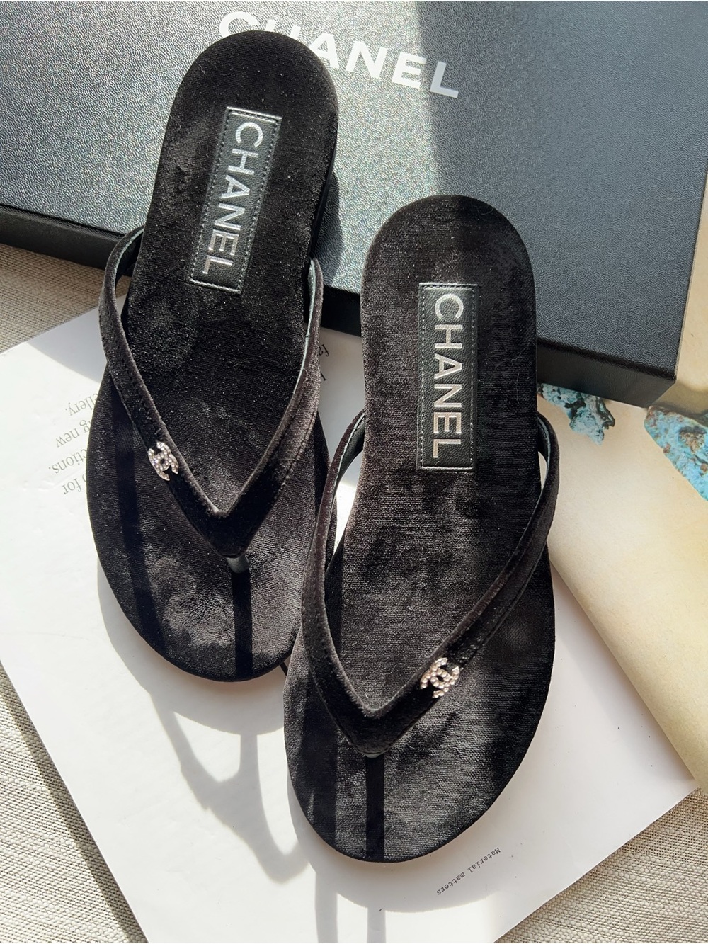 Chanel Velvet Crystal CC Thong Sandals 35 Black